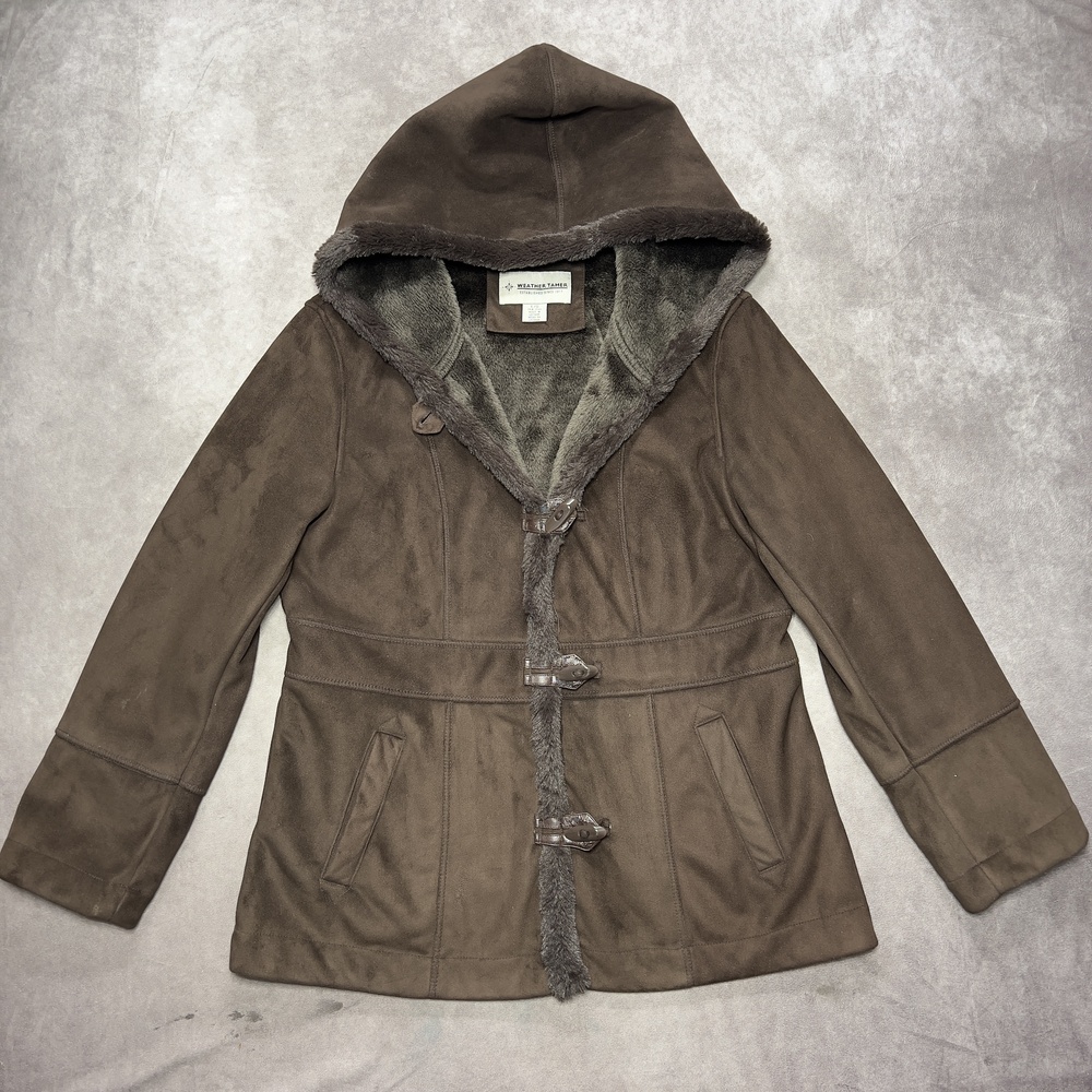 Weather Tamer Coat Womens Large Brown Hooded Faux Fur Lined Toggle Parka